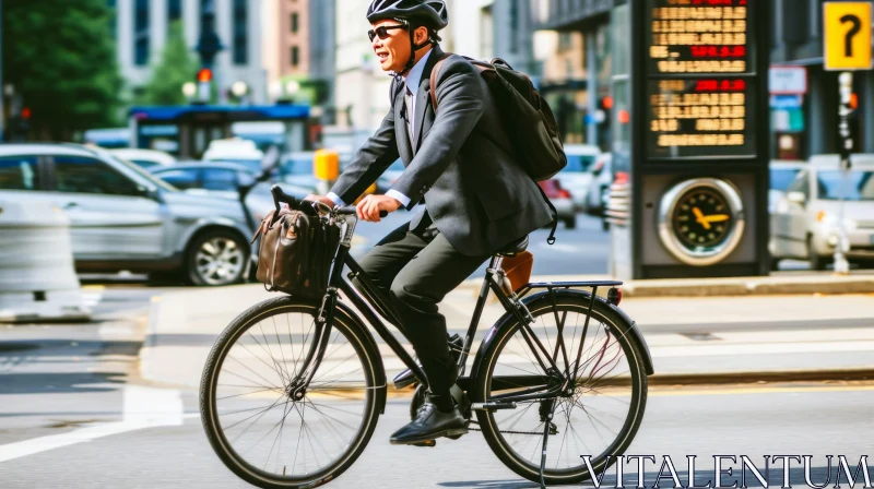 Young Professional Man Riding Bicycle to Work in the City AI Image