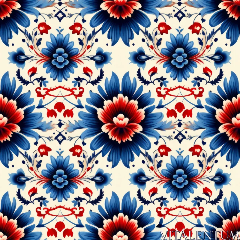AI ART Blue and Red Floral Pattern on White Background
