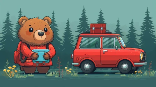 Cartoon Bear and Classic Car in Forest
