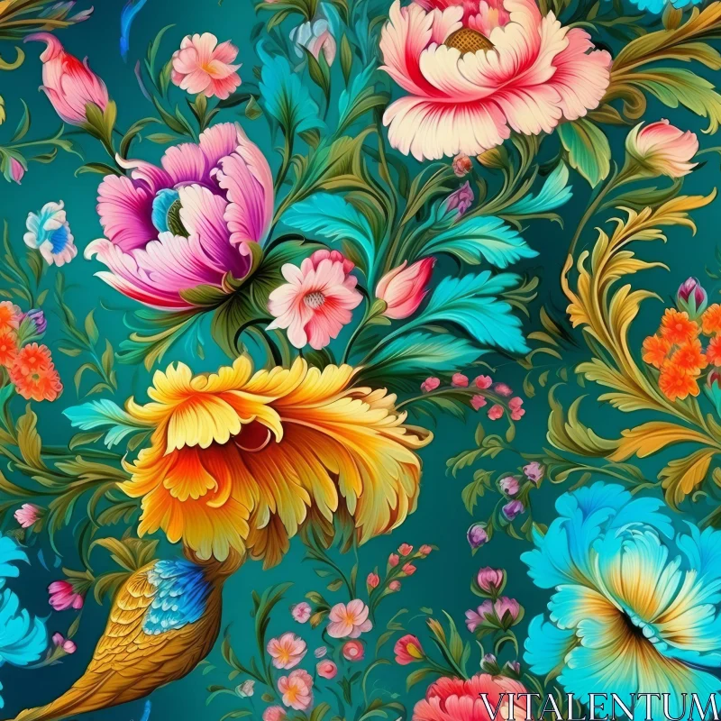 Colorful Floral Pattern with Birds and Leaves AI Image