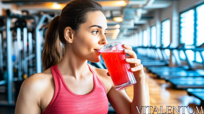 Confident Woman Drinking Sports Drink in Gym AI Image