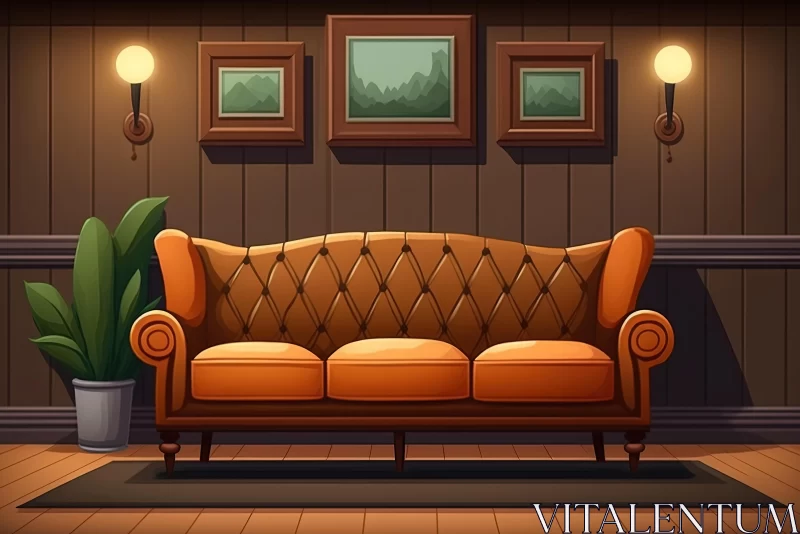 Cozy Living Room Illustration with Orange Leather Couch AI Image