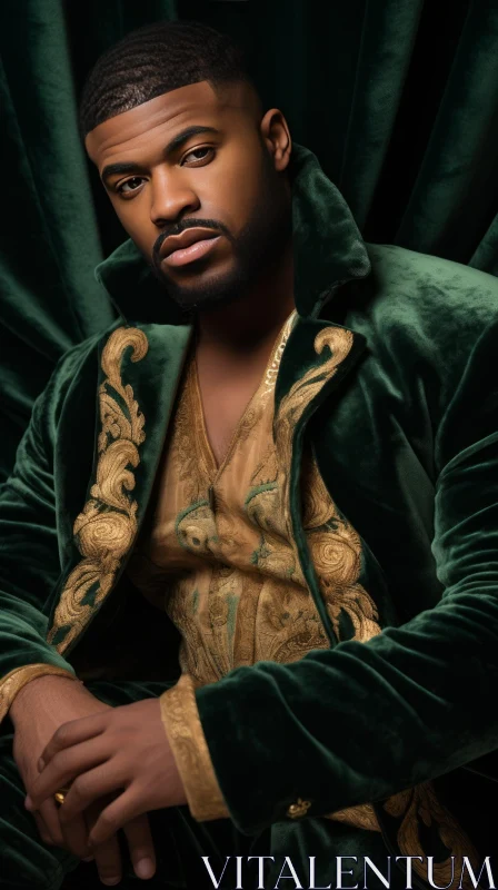 Elegant African-American Man Portrait in Green Velvet Suit AI Image