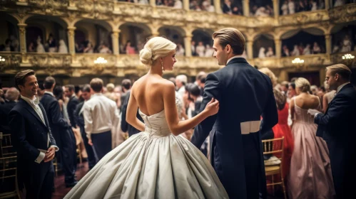 Elegant Couple in Formal Evening Wear Walking in Ballroom