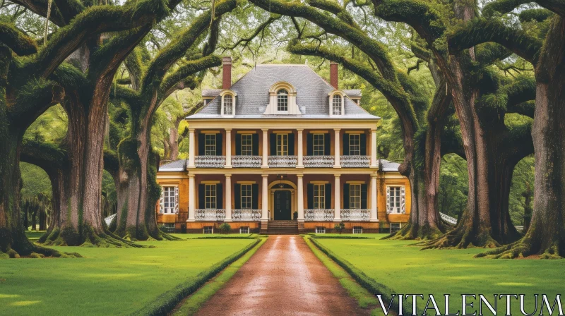 Elegant Southern Plantation House with Oak Tree-lined Driveway AI Image