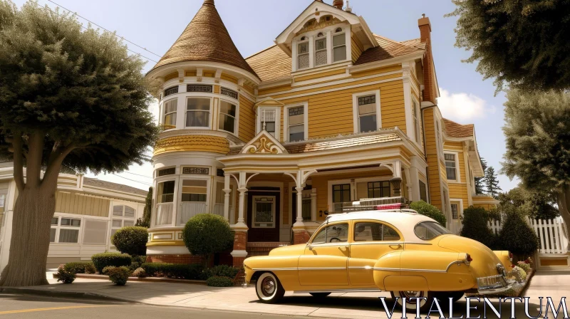Elegant Yellow Two-Story House with Retro Car | Architecture AI Image