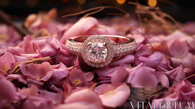 Exquisite Rose Gold Diamond Ring on Flower Petals AI Image