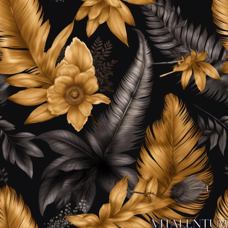 Golden and Gray Tropical Leaves Pattern AI Image