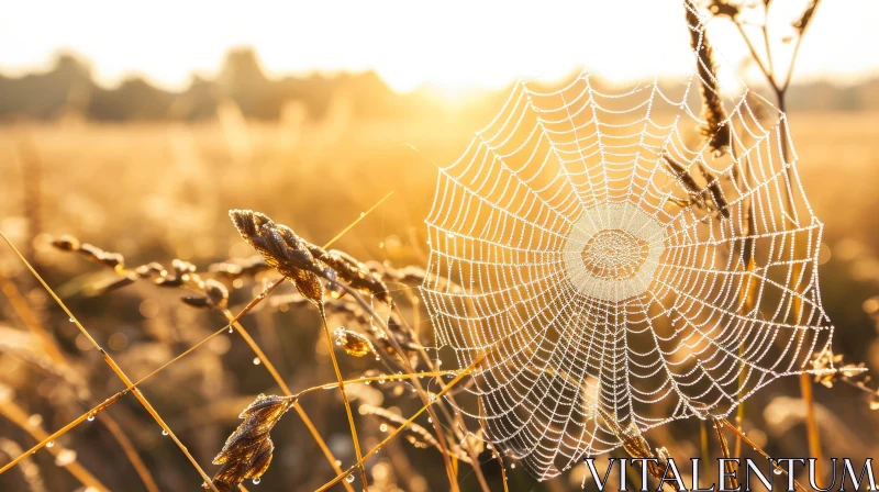 Golden Morning Light Through Grass and Spider Web AI Image