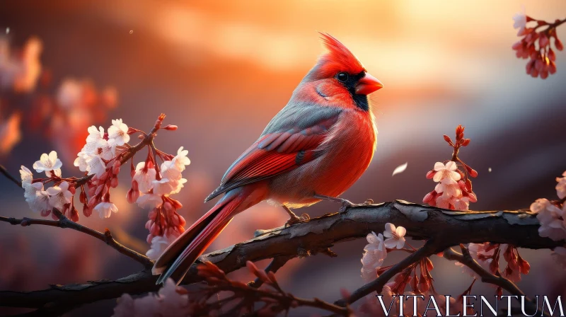 Northern Cardinal on Flowering Tree Painting AI Image
