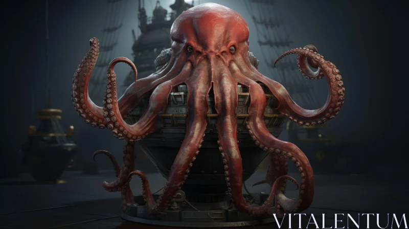 Red Octopus Steampunk 3D Rendering AI Image
