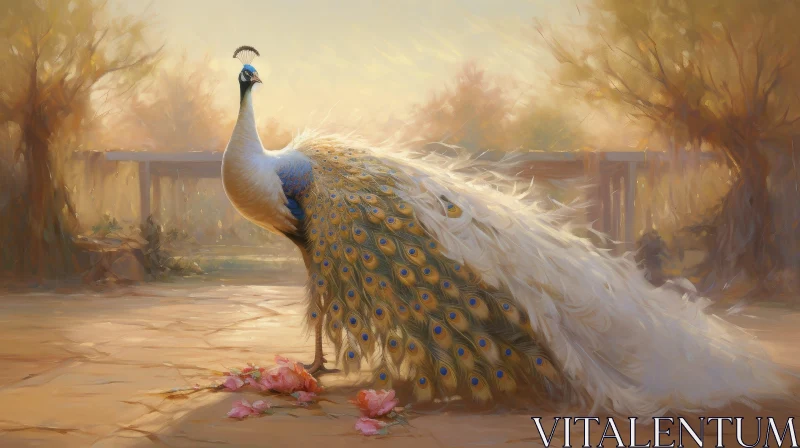 White Peacock Painting on Stone Terrace AI Image