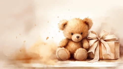 Adorable Teddy Bear and Gift Box Watercolor Painting