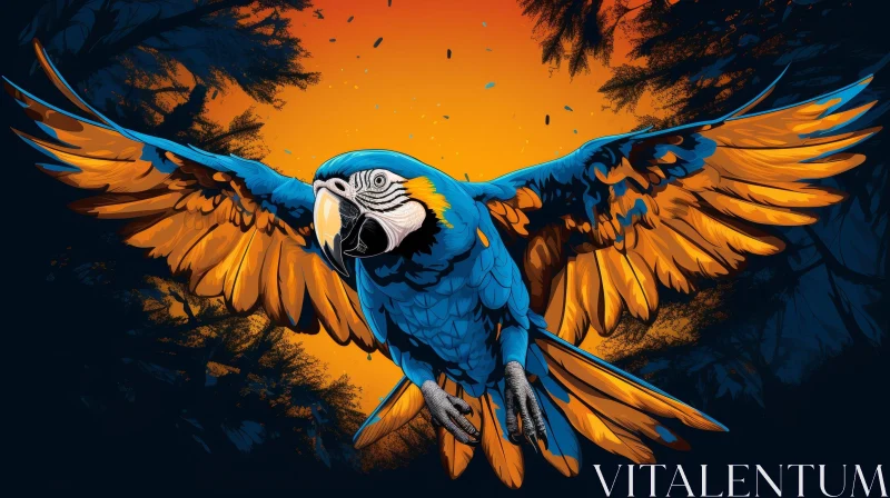AI ART Blue and Yellow Macaw Parrot Illustration in Flight