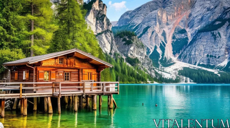Captivating Mountain Lake with Wooden House AI Image