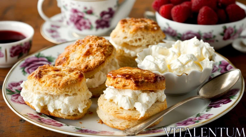 Delicious Scones with Clotted Cream and Raspberries on a White Plate AI Image