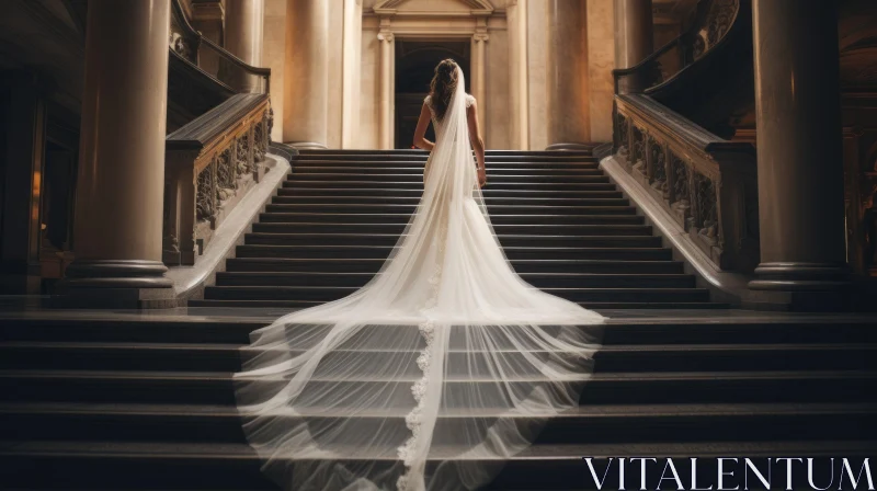 Elegant Bride on Marble Staircase - Wedding Photography AI Image