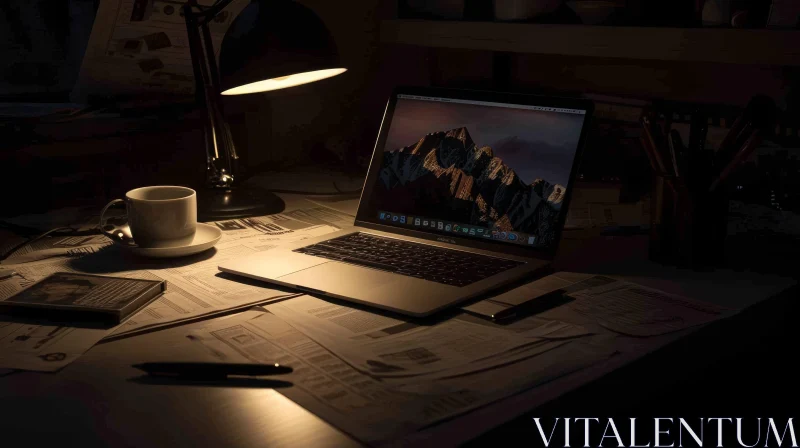Enigmatic Night: A Chaotic Desk in a Home Office AI Image