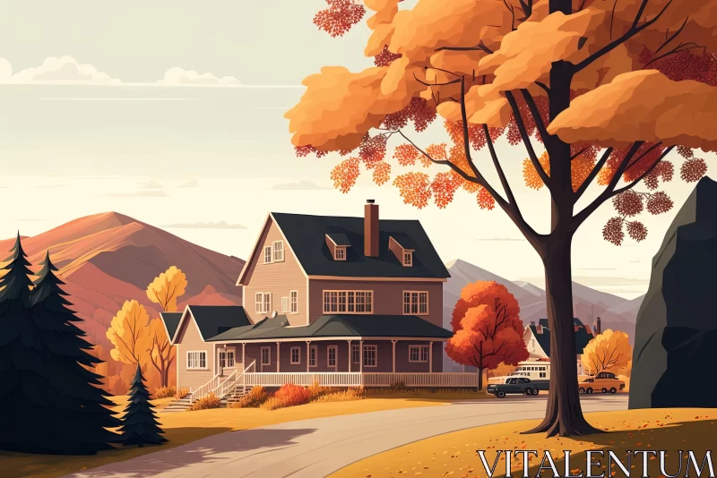 Exquisite Autumn House with Trees on a Sunny Road - Highly Detailed Illustration AI Image