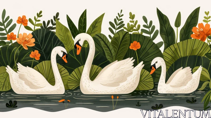 Graceful Swans in Pond - Digital Illustration AI Image