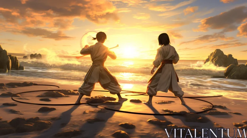 Intense Martial Arts Battle on Beach at Sunset AI Image