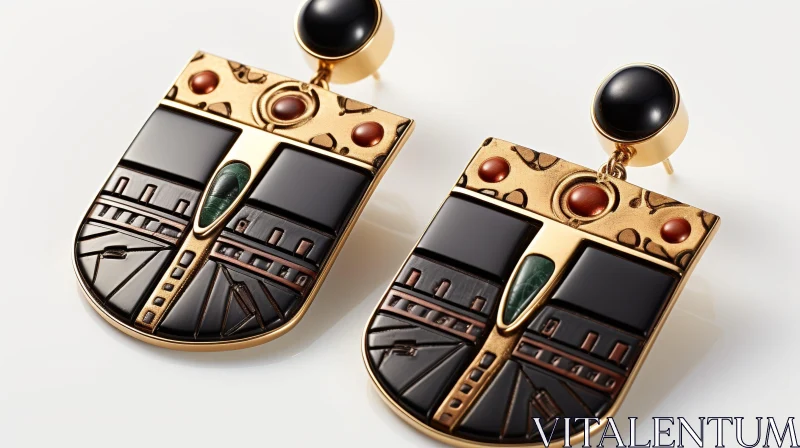 AI ART Luxurious Gold Shield Earrings with Enamel and Gemstones