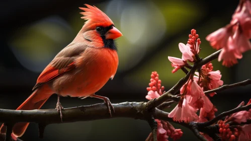 Northern Cardinal on Branch with Pink Blossoms