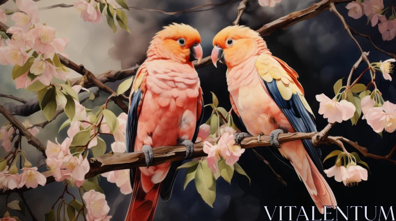 AI ART Parrots on Blossoming Tree - Natural Beauty