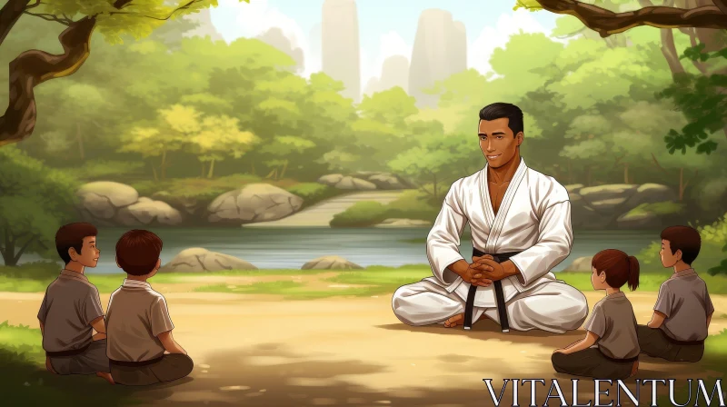 Peaceful Martial Arts Instructor with Children in Outdoor Dojo AI Image