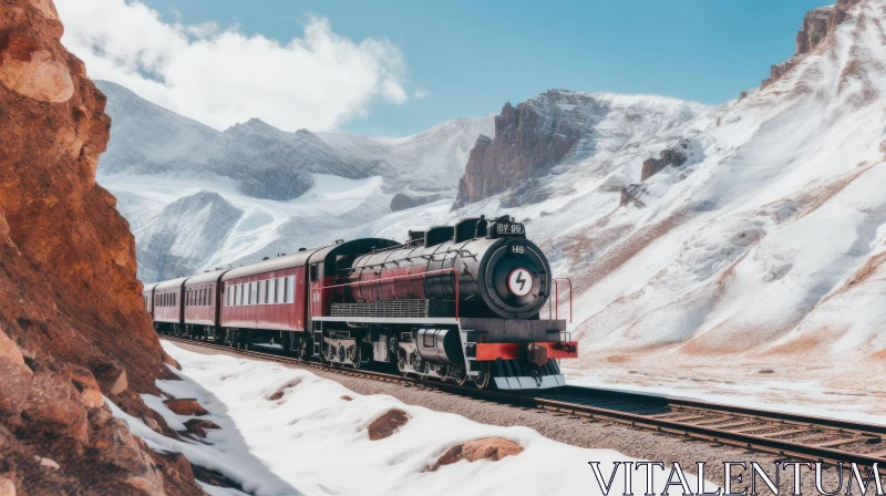 Red and Black Steam Locomotive in Snowy Mountain Pass AI Image