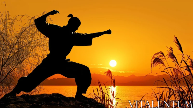 Silhouette of a Martial Artist in Harmony with Nature AI Image