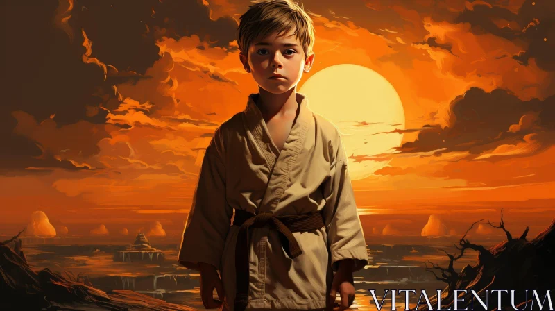 Young Boy Karate Portrait at Sunset AI Image