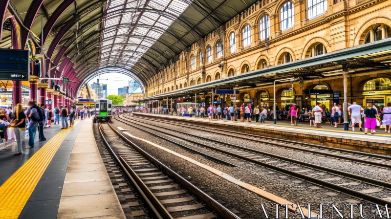 A Vibrant Railway Station Scene: People, Trains, and Excitement AI Image