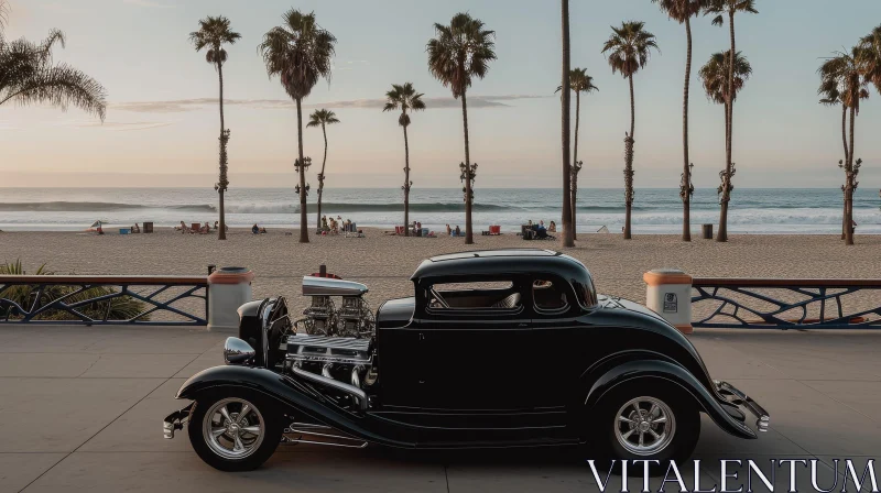 Classic Black Hot Rod Car on Beach Promenade AI Image