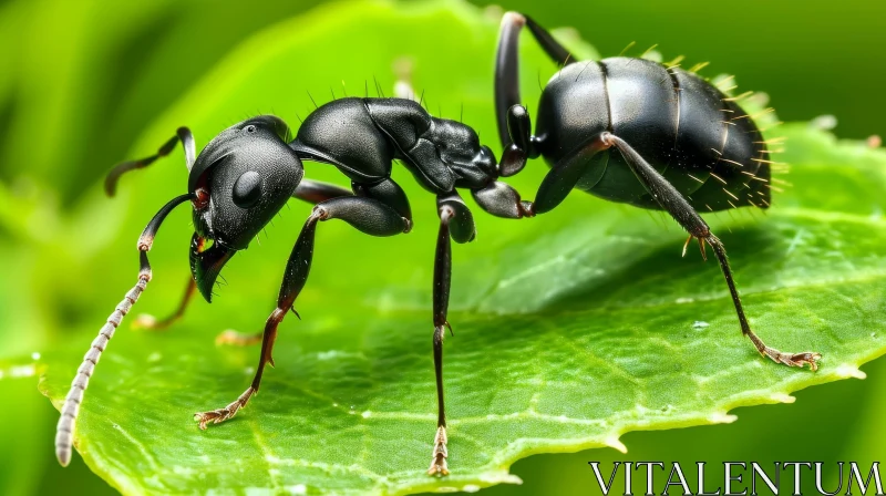 Close-up Black Ant on Green Leaf AI Image