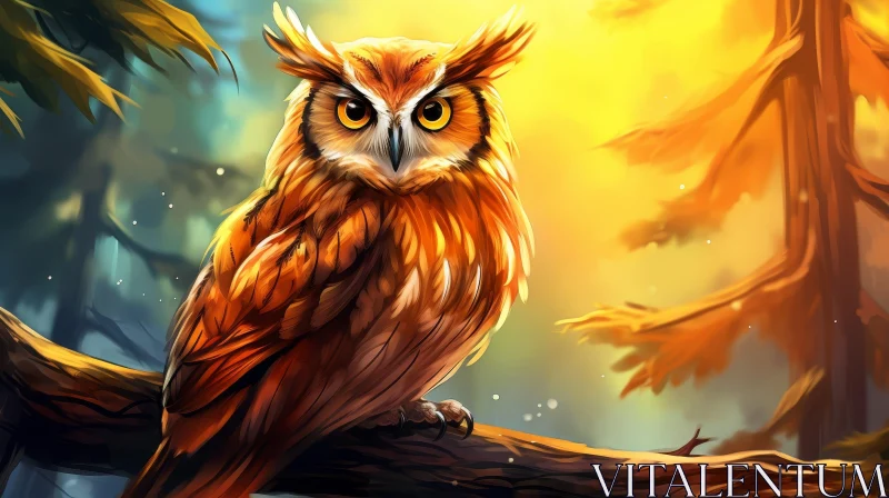Colorful Owl Digital Painting on Branch AI Image