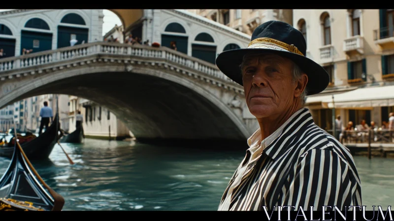 Elderly Man in Black and White Striped Shirt in Venice Gondola AI Image