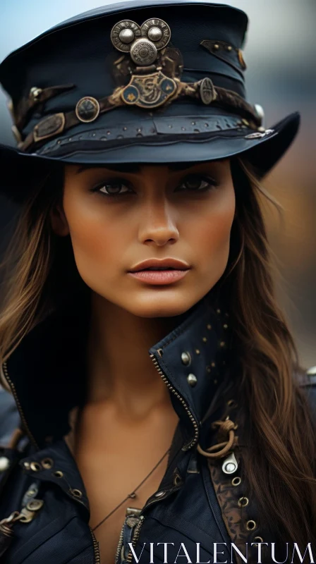 Fashion Portrait: Young Woman in Black Leather Hat and Jacket AI Image