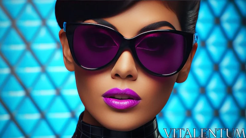 Fashion Portrait: Young Woman in Purple Sunglasses and Dark Lipstick AI Image