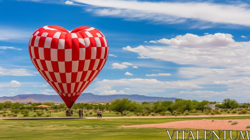 Heart-Shaped Hot Air Balloon Ascending from Grassy Field AI Image