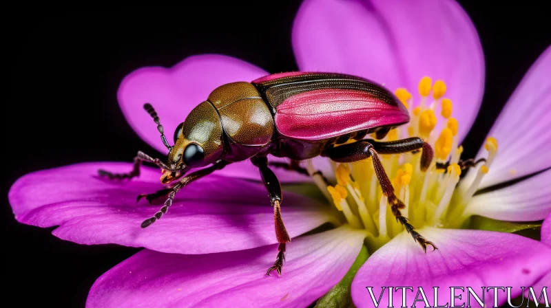 Metallic Wood-Boring Beetle on Pink Flower AI Image