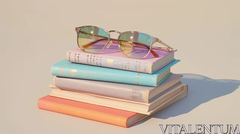 AI ART Pastel-Colored Books and Glasses Stack Artwork