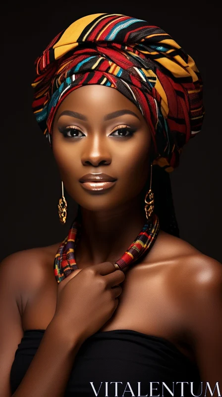 AI ART Serious African Woman with Traditional Head Wrap and Jewelry
