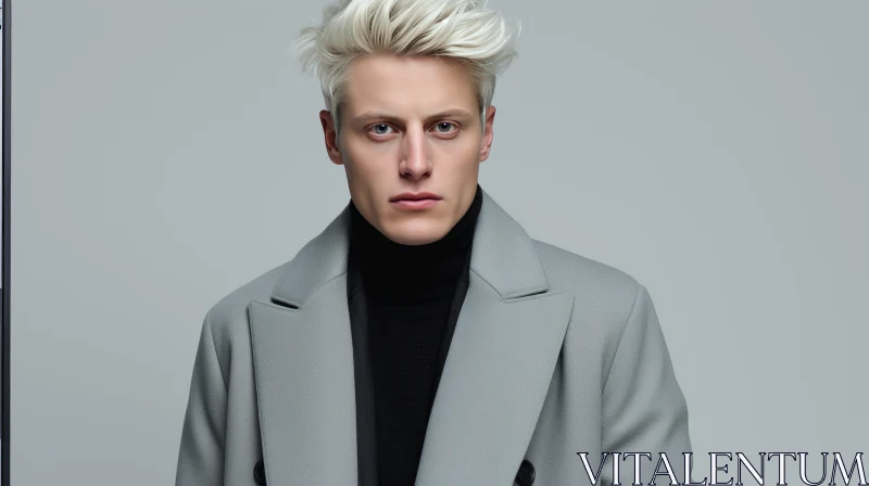 Serious Young Man Portrait in Gray Coat and Turtleneck AI Image