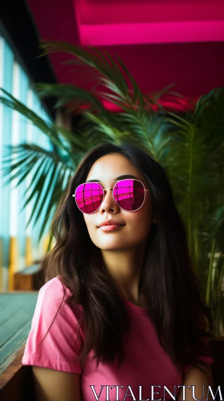 Smiling Woman in Pink Sunglasses in Tropical Setting AI Image