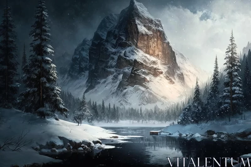 Snow-Covered Mountain and River: A Hauntingly Beautiful Illustration AI Image