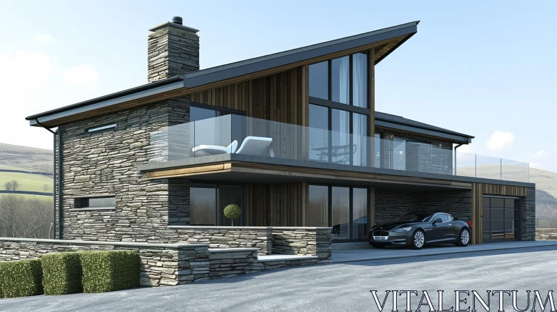 Stunning Modern Two-Story House with Stone and Wood Exterior AI Image