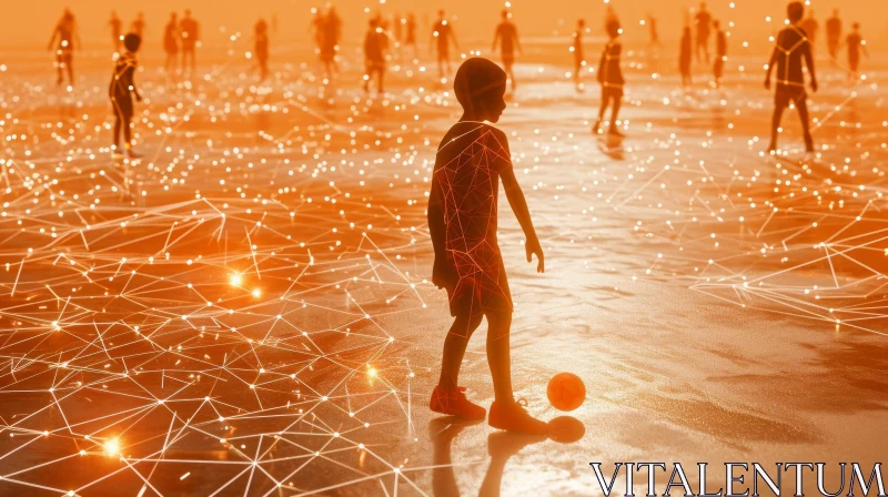 Surreal 3D Rendering of Children Playing Soccer on a Beach AI Image
