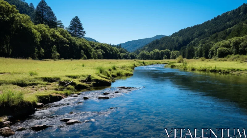 Tranquil River Landscape in a Verdant Valley AI Image