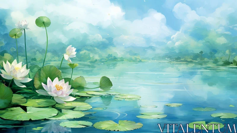 AI ART Tranquil Watercolor Painting of a Pond with Water Lilies